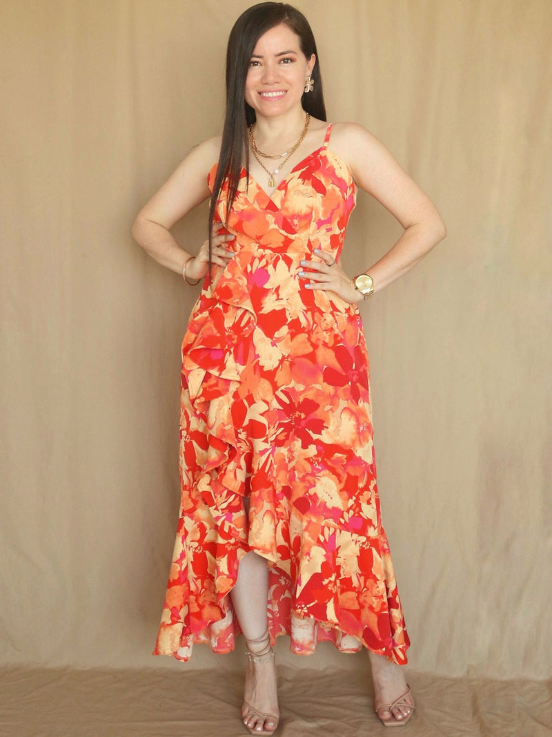MAXIVESTIDO TIRAS CON VUELO ESPIRAL ESTAMPADO NARANJA