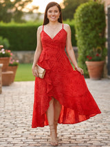 MAXIVESTIDO TIRAS CON VUELO ESPIRAL ESTAMPADO ROJO