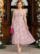 VESTIDO MIDI TIRAS CORSET MULTIAGUJA FLORES ROSAS (OUTLET)