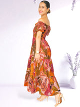 MAXIVESTIDO ESCOTE CORAZÓN 3 TIEMPOS ESTAMPADO MELÓN
