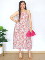 VESTIDO MIDI TIRAS CORSET MULTIAGUJA FLORES ROSAS (OUTLET)