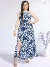 MAXIVESTIDO CUELLO HALTER 2 TIEMPOS ESTAMPADO HUESO