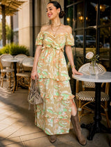 MAXIVESTIDO ESCOTE CORAZÓN CON BOBOS ESTAMPADO BEIGE