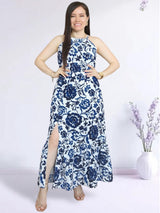 MAXIVESTIDO CUELLO HALTER 2 TIEMPOS ESTAMPADO HUESO