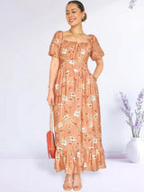 MAXIVESTIDO BUSTO RECOGIDO ESTAMPADO MELÓN