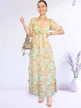 MAXIVESTIDO ESCOTE CORAZÓN CON BOBOS ESTAMPADO BEIGE