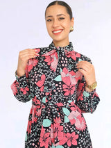 VESTIDO CORTO CAMISERO CON CORBATA ESTAMPADO NEGRO